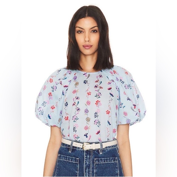 BANJANAN Santos Top in Misty Floral Blue Puff Sleeve Flowers Medium - Picture 1 of 7
